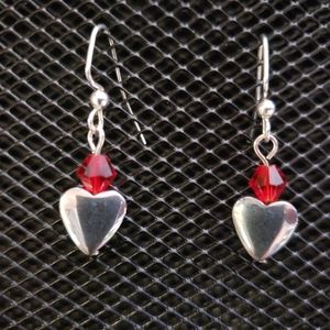 Silver hematite and red glass crystal bicone earrings